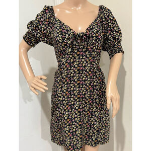 Women's Spirit of Grace mini Sun Dress Size L Black Floral smock back tie detail